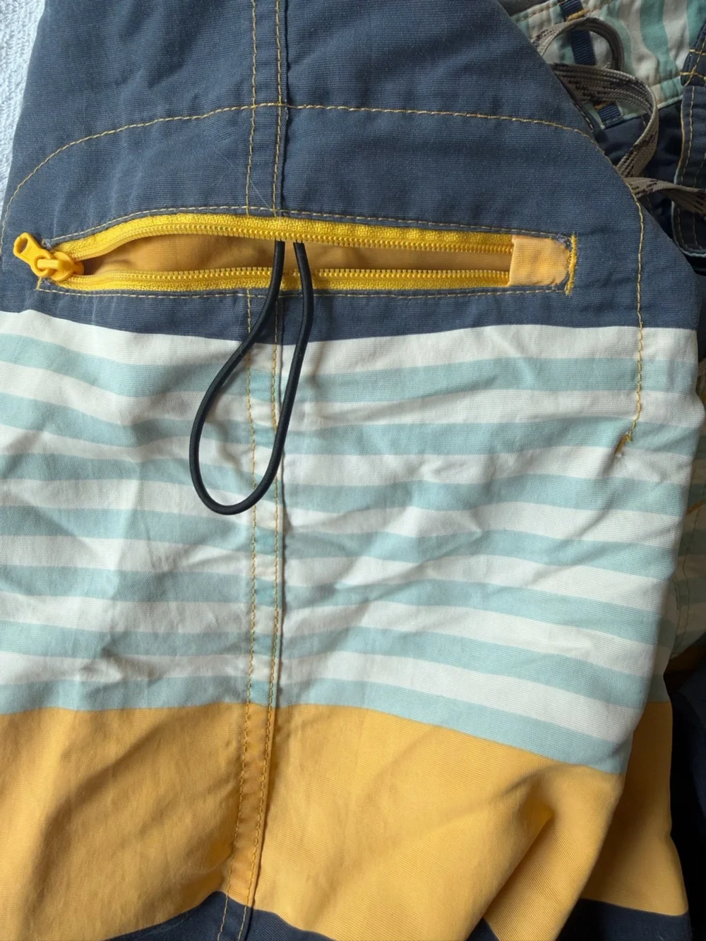 Patagonia Men’s Navy, Yellow & Light Blue Striped Board Shorts